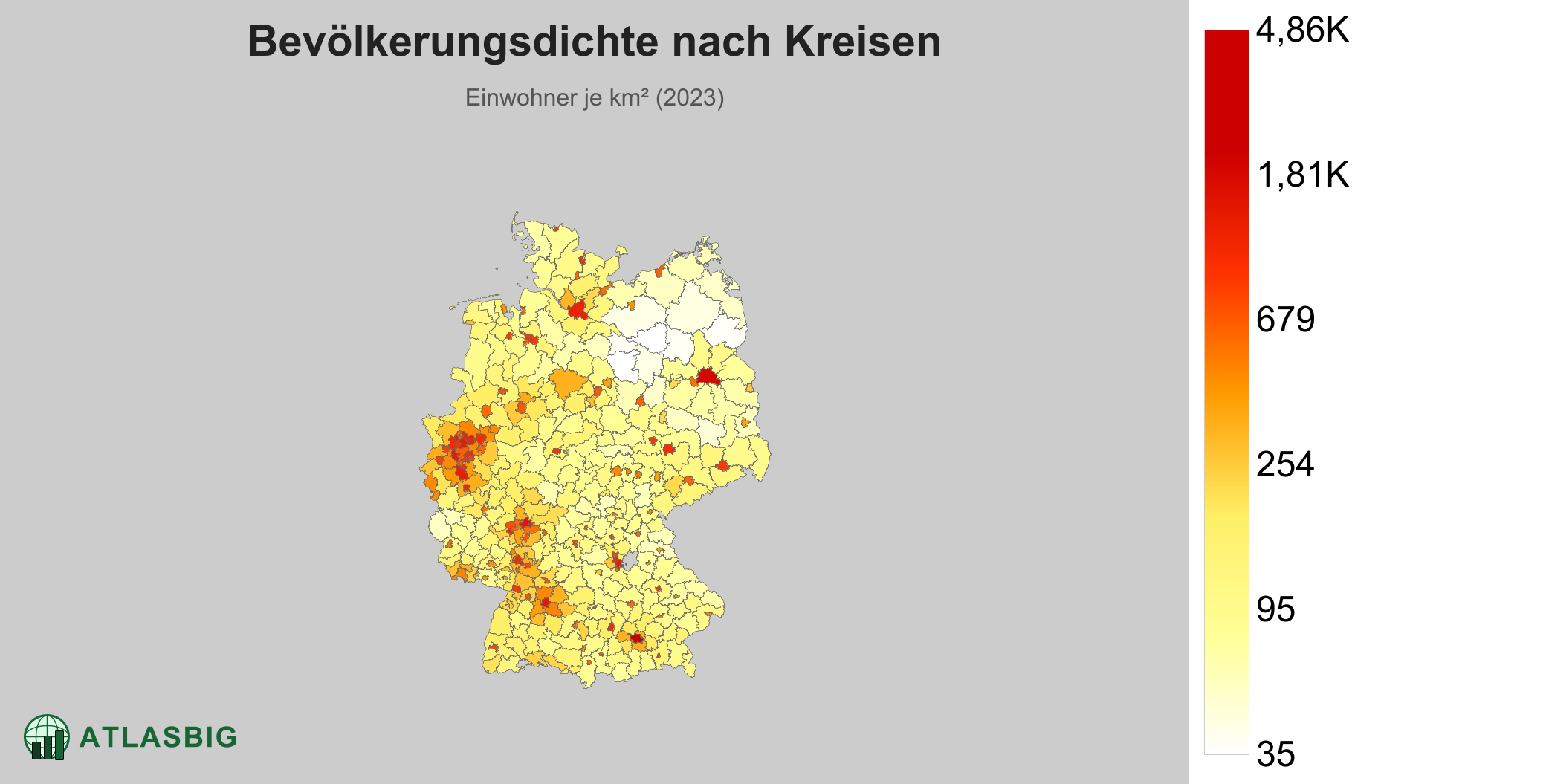 Bevölkerungsdichte in Deutschland nach Landkreisen und kreisfreien Städten: Einwohner je km² (2023)